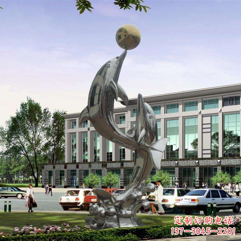 运城不锈钢海豚戏球雕塑,营造清新海岸风情