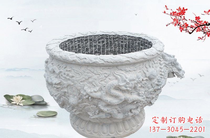 运城汉白玉龙浮雕水缸,传承传统经典