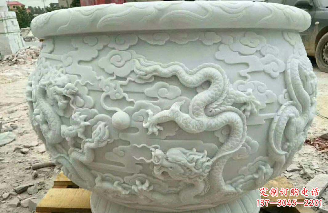 运城汉白玉龙浮雕水缸雕塑