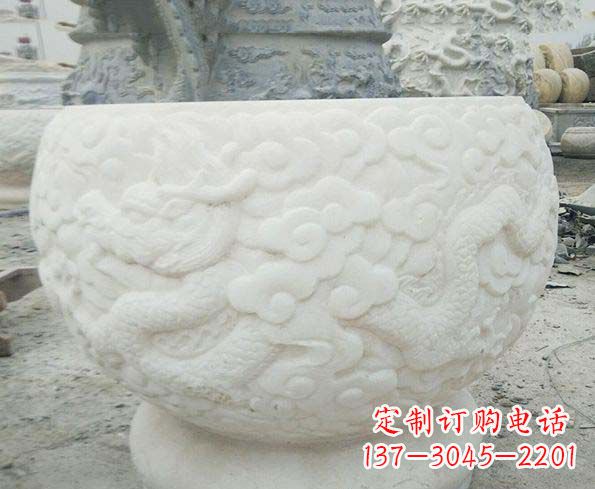 运城汉白玉龙浮雕招财水缸,让你家居多一份福气