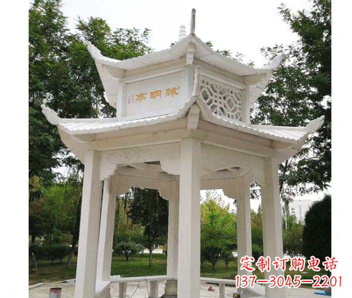 运城高雅典雅的汉白玉双层六角凉亭石雕