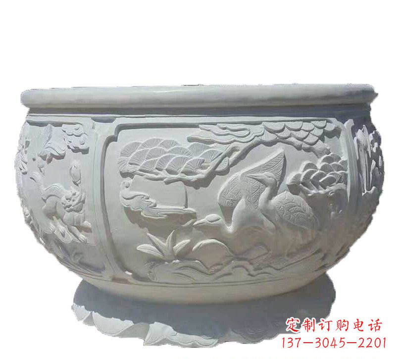 运城汉白玉松鹤延年浮雕水缸,带给您无尽的岁月美景