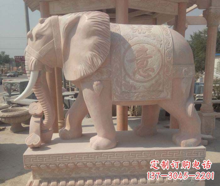 运城传神雕刻,精美雕塑——吉祥如意大象晚霞红门口石雕