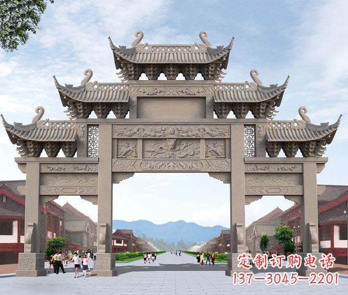 运城景区三门石雕牌楼——精美雕塑定制