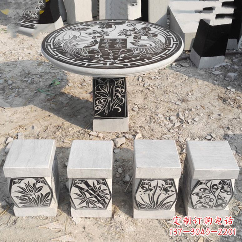 运城梅兰竹菊仿古方石桌凳雕塑,古朴典雅