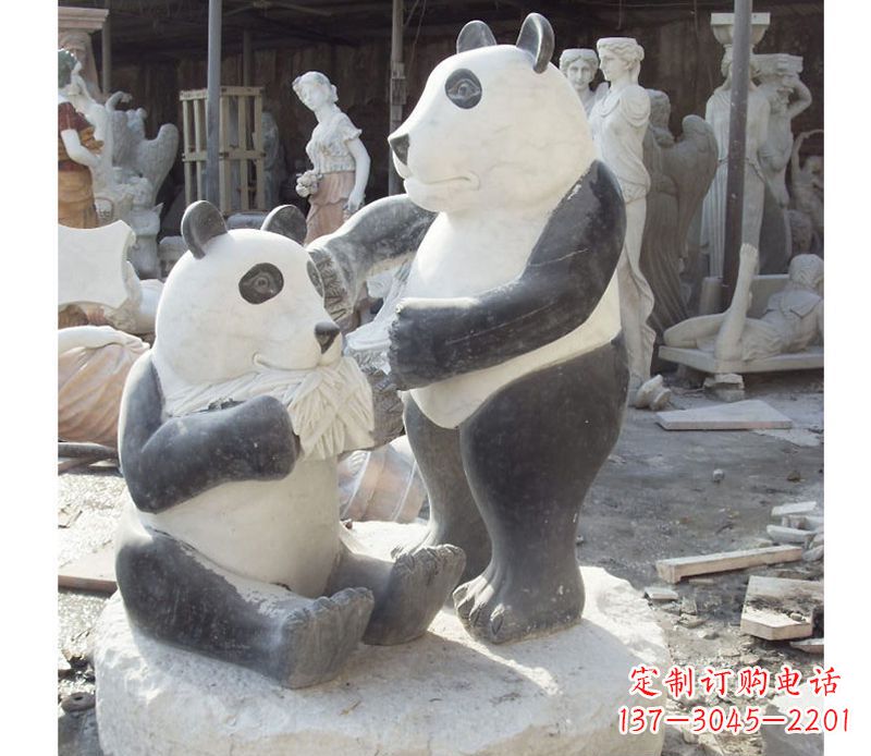 运城母子熊猫石雕,传达真挚的亲情