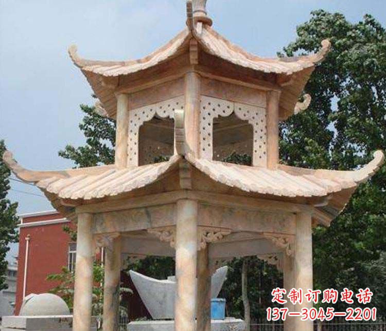 运城双层晚霞红凉亭石雕
