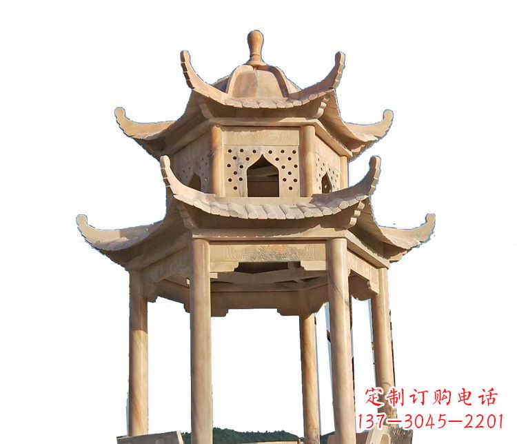 运城双层晚霞红凉亭石雕 (2)