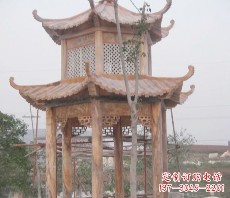 运城双层晚霞红石凉亭石雕 (2)