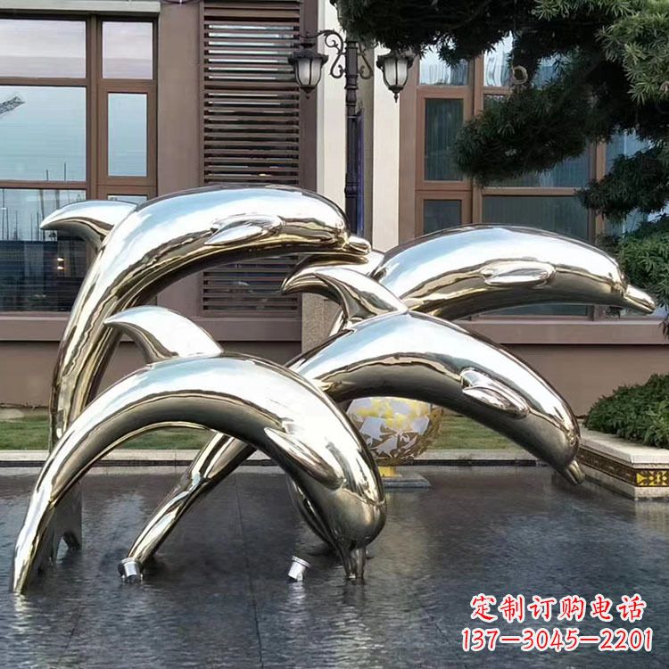 运城水景不锈钢海豚雕塑-城市广场创意动物雕塑