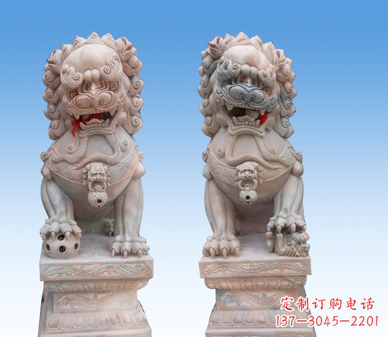 运城晚霞红踩球狮子石雕