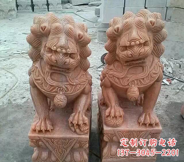 运城晚霞红传统狮子石雕