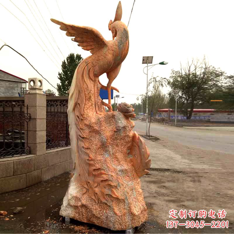 运城晚霞红大理石瑞鸟凤凰雕塑
