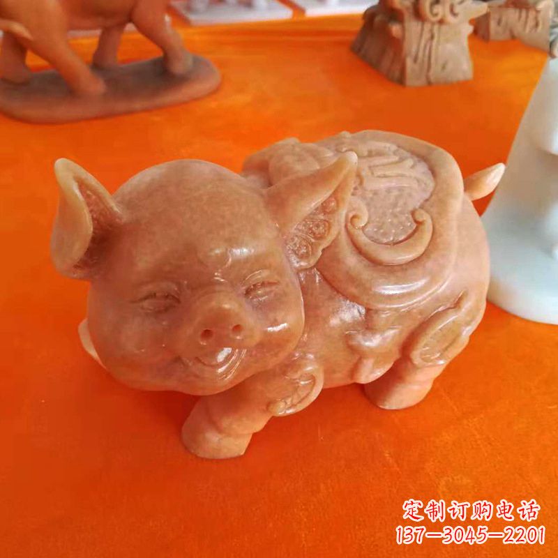 运城晚霞红大理石招财猪雕塑-企业商场创意生肖动物风水摆件