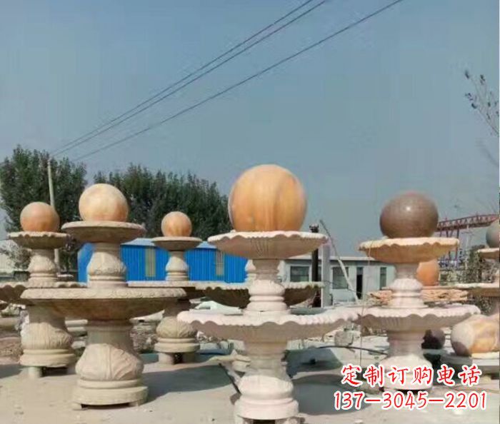 运城晚霞红多层风水球喷泉石雕