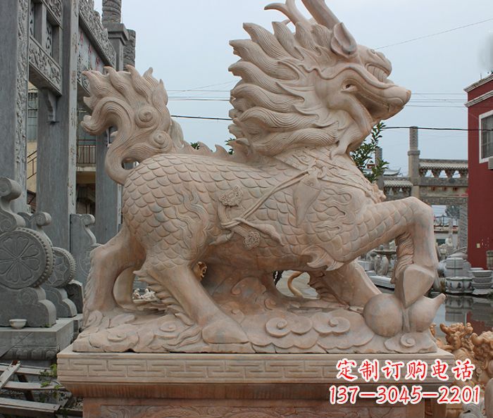 运城晚霞红古代神兽麒麟石雕