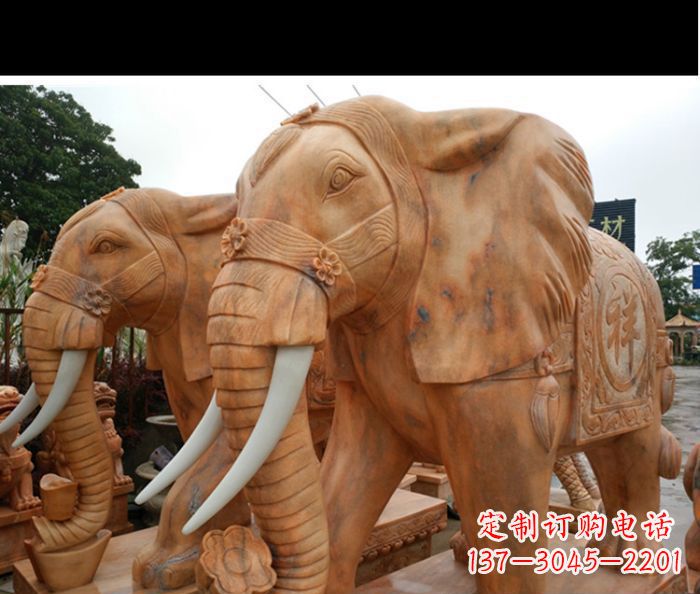 运城晚霞红吉祥如意门口镇宅招财大象石雕 (3)