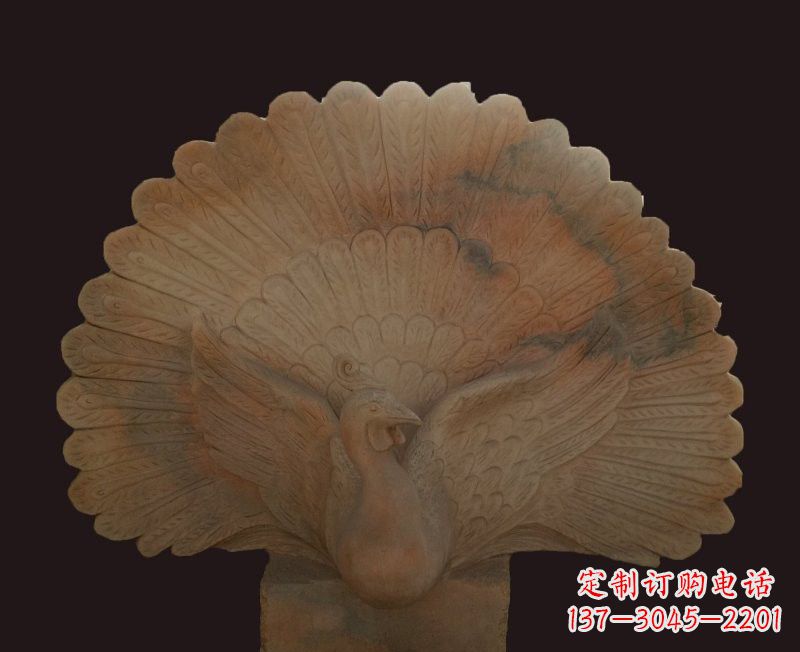 运城晚霞红开屏孔雀石雕