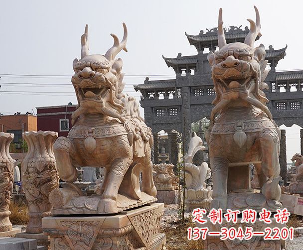 运城晚霞红瑞兽麒麟石雕 (2)