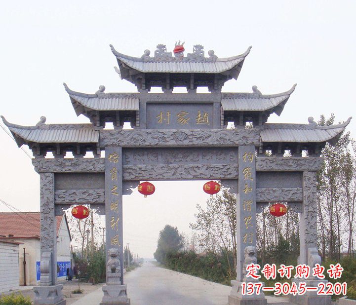 运城晚霞红石雕牌坊