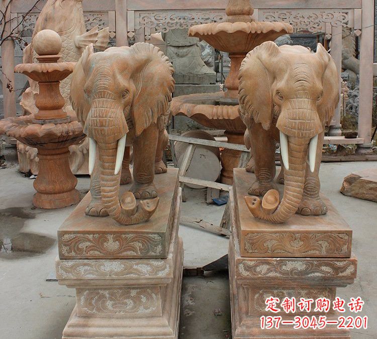 运城晚霞红石雕元宝大象