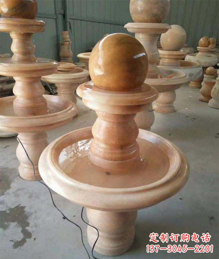 运城晚霞红双层风水球别墅喷泉石雕