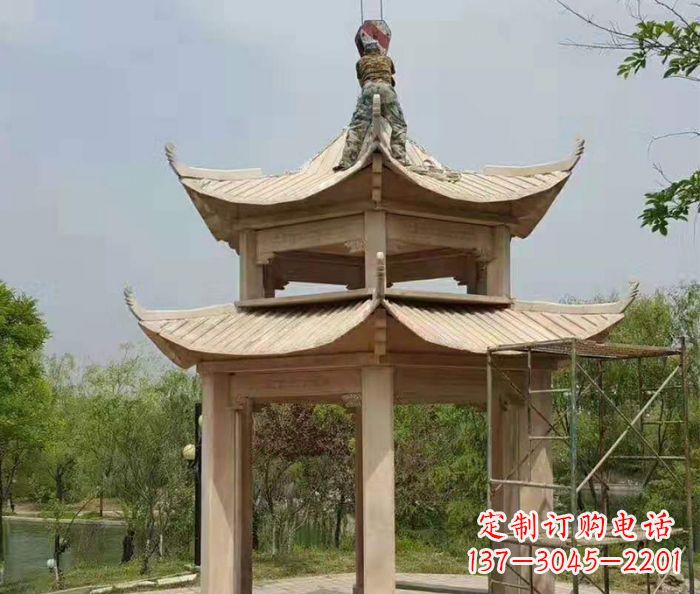 运城晚霞红双层凉亭石雕 (2)