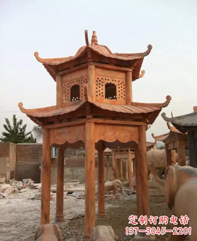 运城晚霞红双层凉亭石雕