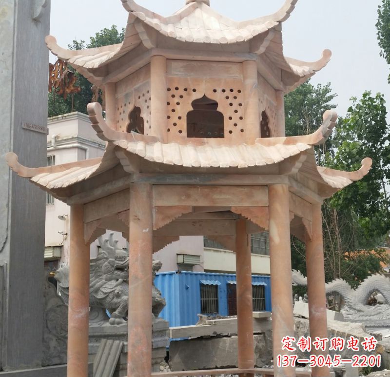 运城晚霞红双层六角凉亭石雕 (2)