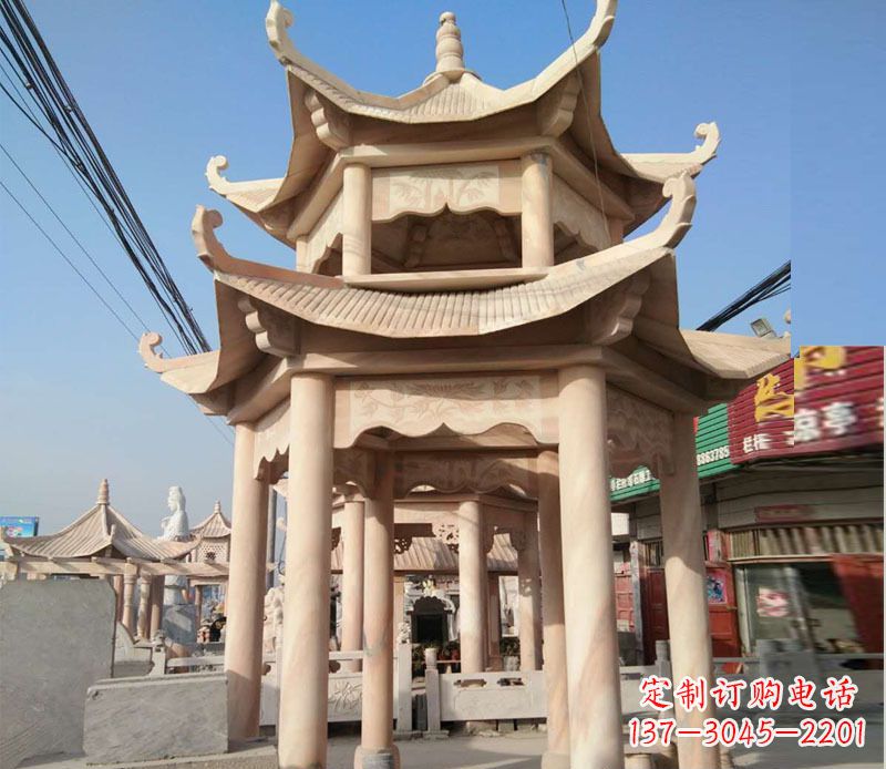 运城晚霞红双层六角凉亭石雕 (3)
