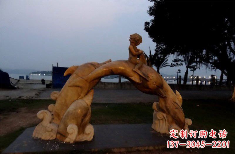 运城西方儿童骑海豚石雕