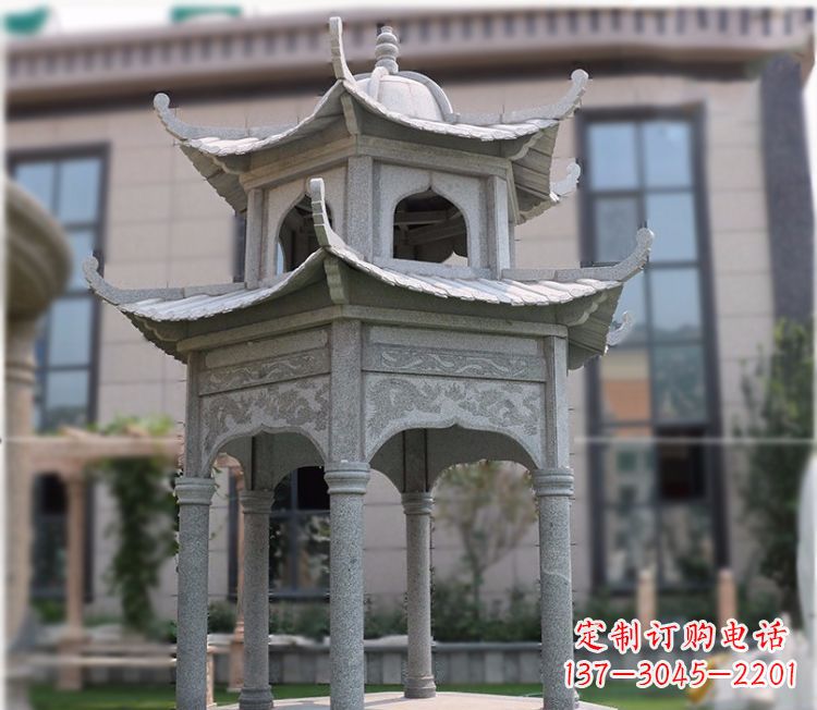 运城小区大理石六角石雕双层凉亭