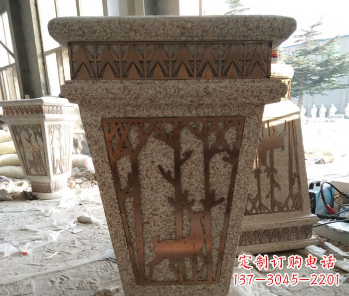 运城小区大理石梅花鹿石浮雕花盆