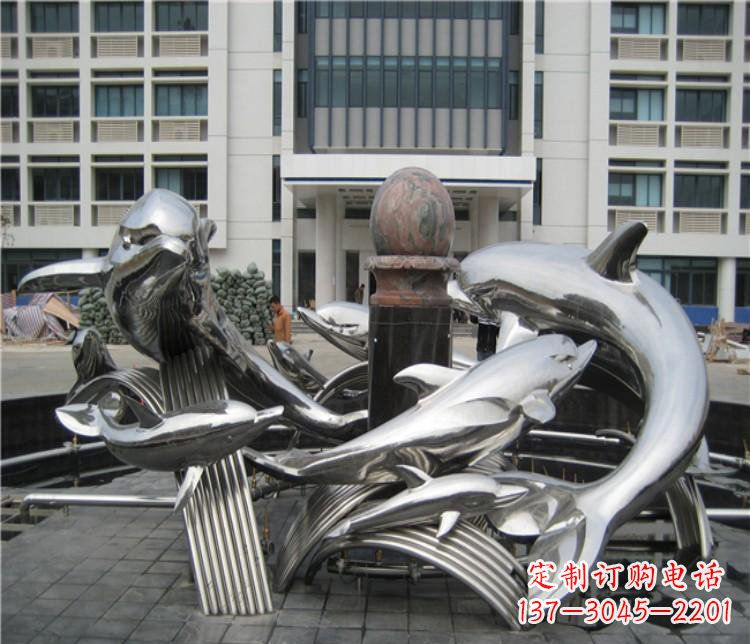 运城校园不锈钢海豚海浪雕塑