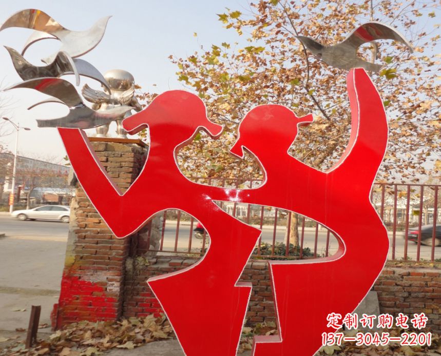 运城校园不锈钢剪影人物和和平鸽雕塑