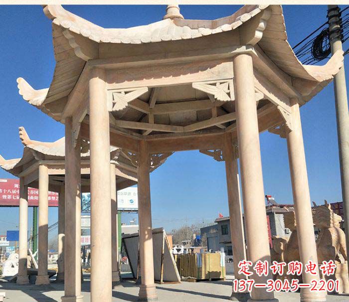 运城园林景观晚霞红六角石雕凉亭 (2)