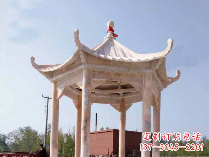 运城园林景观晚霞红六角石雕凉亭