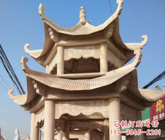 运城园林景观晚霞红双层石雕凉亭 (2)