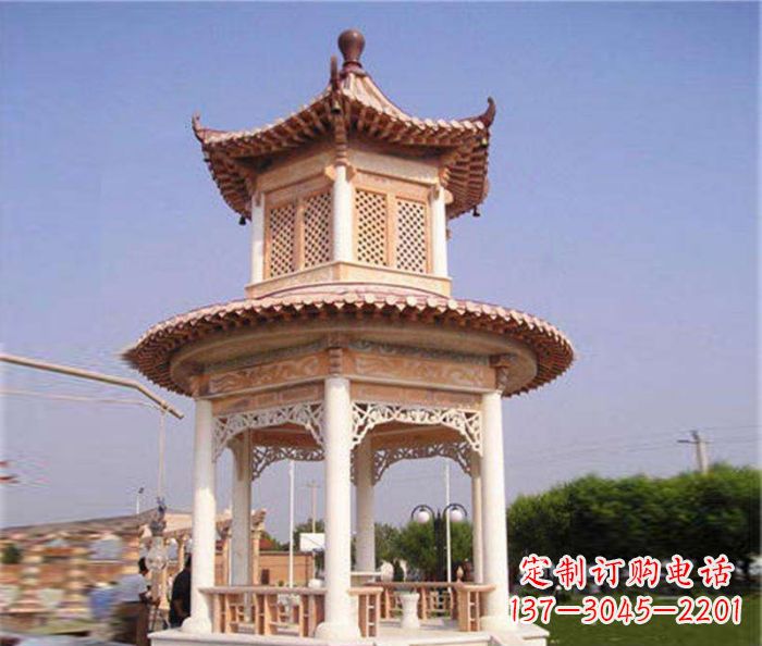 运城园林景观晚霞红双层石雕凉亭 (4)
