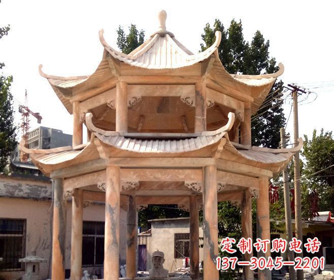运城园林景观晚霞红双层石雕凉亭
