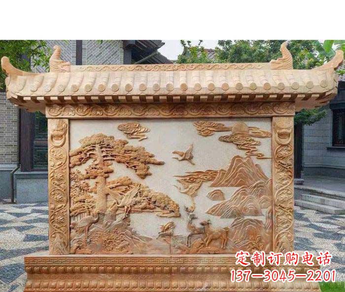 运城园林景观晚霞红松鹤石浮雕影壁