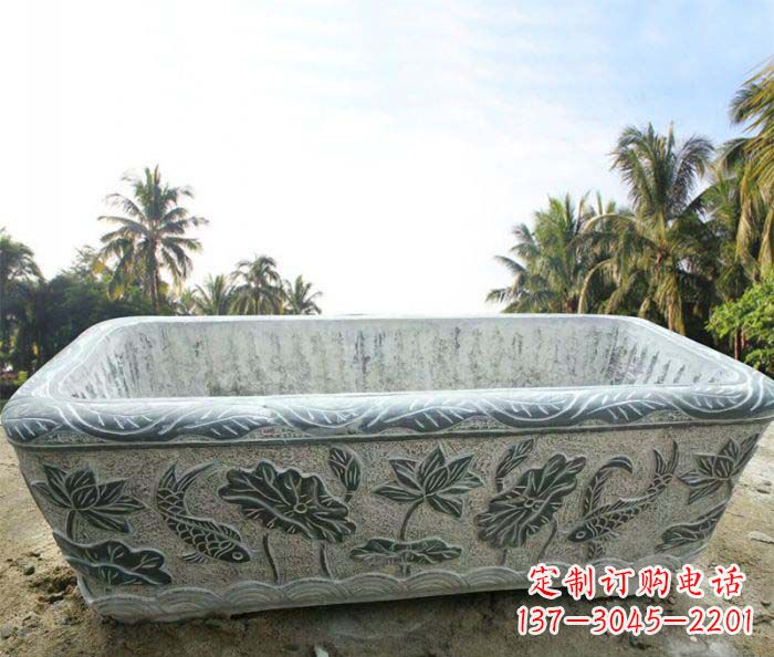 运城长方形连年有余荷花浮雕石水缸