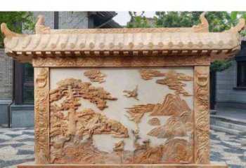 运城园林景观晚霞红松鹤石浮雕影壁