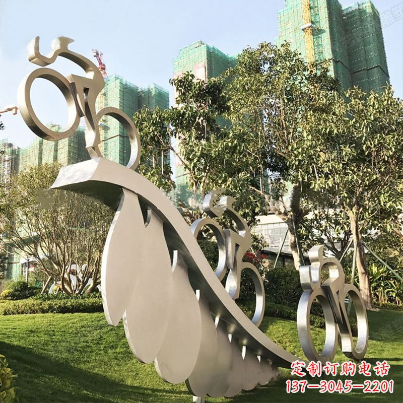 运城自行车雕塑-抽象不锈钢骑自行车人物景观雕塑